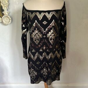 Express Black Cotton mini dress w/gold,sliver & black sequins Size XL